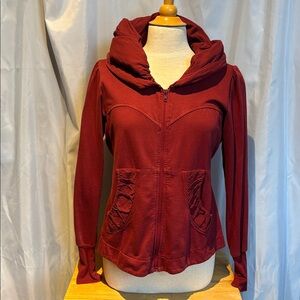 Red Hooded Jacket with Sweetheart Neckline & Pockets